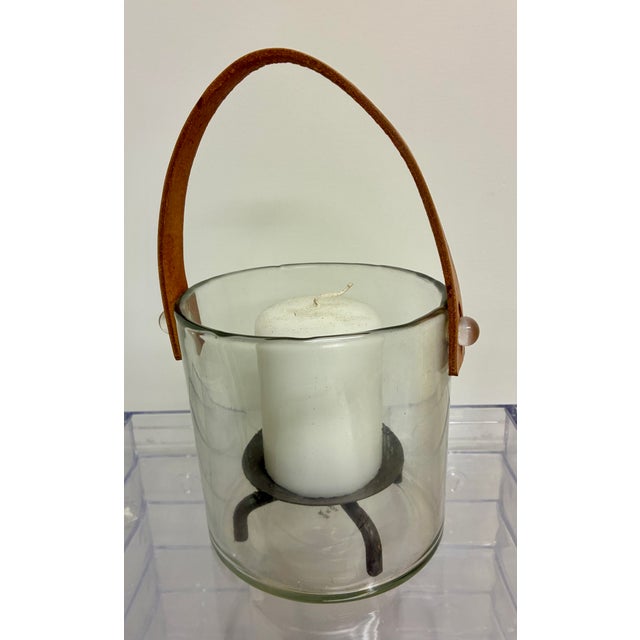 Modern Glass Candle Holder or Ice Bucket With Leather Handle For Sale - Image 3 of 3