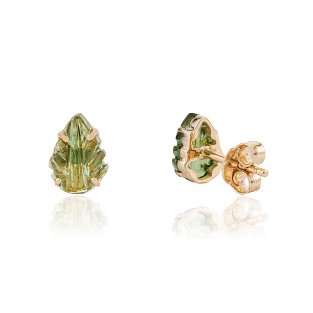 Metal Modern 1.6ct Carved Green Tourmaline Leaf Stud Earrings in 14k Yellow Gold- 2 Pieces For Sale - Image 7 of 14