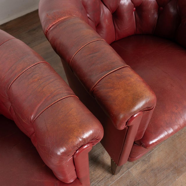 Wood Pair of 20th Century Danish Red Vintage Leather Barrel Back Club Chairs For Sale - Image 7 of 12