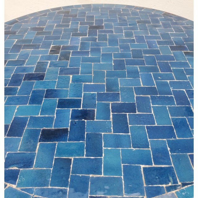 Moroccan 32" Moroccan Round Mosaic Table, Blue Petrol Bejmat Style / Squares For Sale - Image 3 of 5