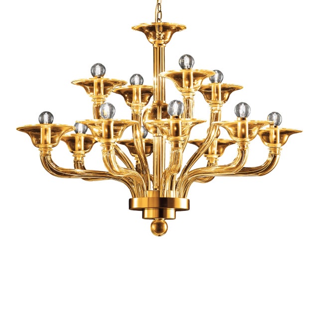 Contemporary Modern Amber Linear Murano Glass Gold Chandelier For Sale
