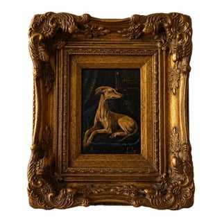 Late 20th Century Original Greyhound Oil Painting, Hand Painted Whippet Portrait, Vintage Gilded Frame, Dog Lover Wall Art, One of a Kind Artwork For Sale