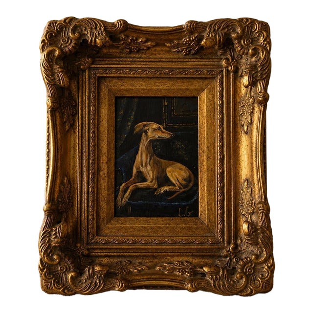 Late 20th Century Original Greyhound Oil Painting, Hand Painted Whippet Portrait, Vintage Gilded Frame, Dog Lover Wall Art, One of a Kind Artwork For Sale