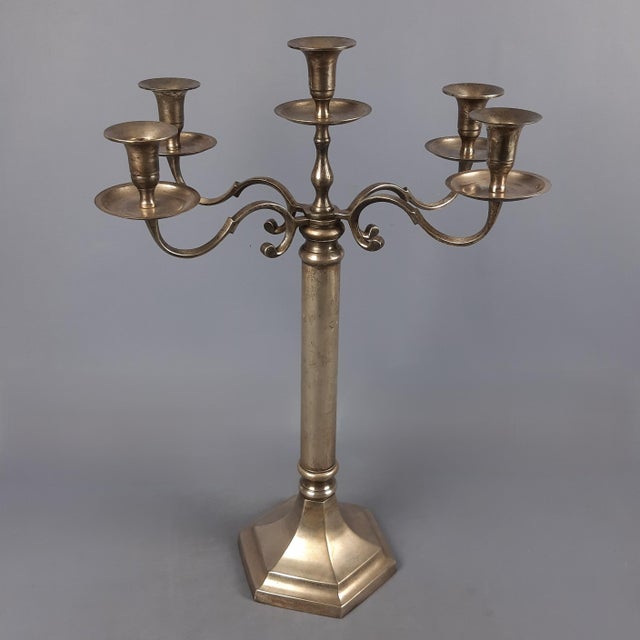 Large Silver Metal 5-Light Candelabra with Hexagonal Base, 1970s For Sale - Image 14 of 14