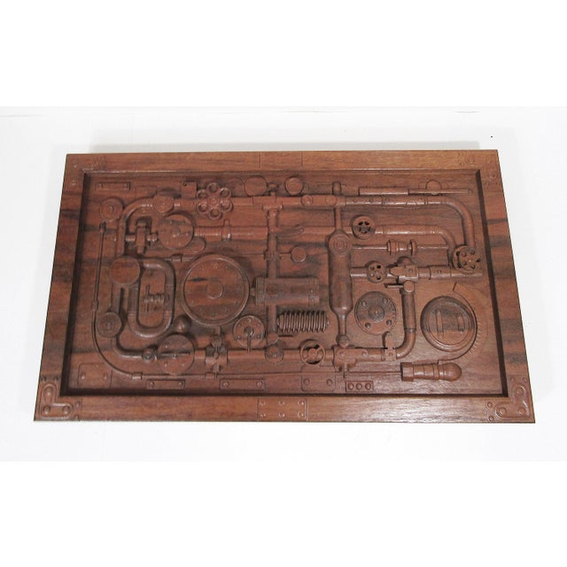 Brown Steampunk Industrial Pipes & Gears Carved Wood Relief Wall Panel 20"x12" For Sale - Image 8 of 10