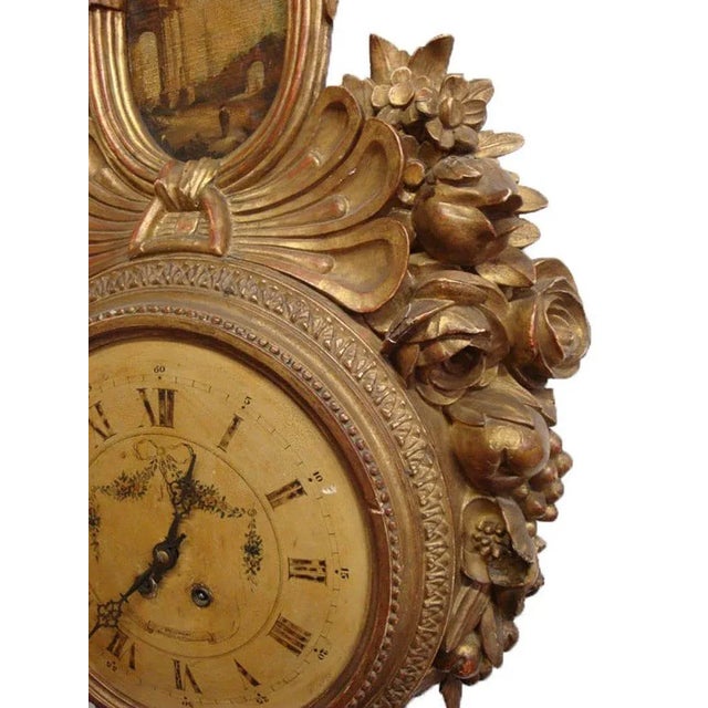 18th Century French Louis XVI Carved Giltwood Wall Clock With Oval Painting For Sale - Image 4 of 9