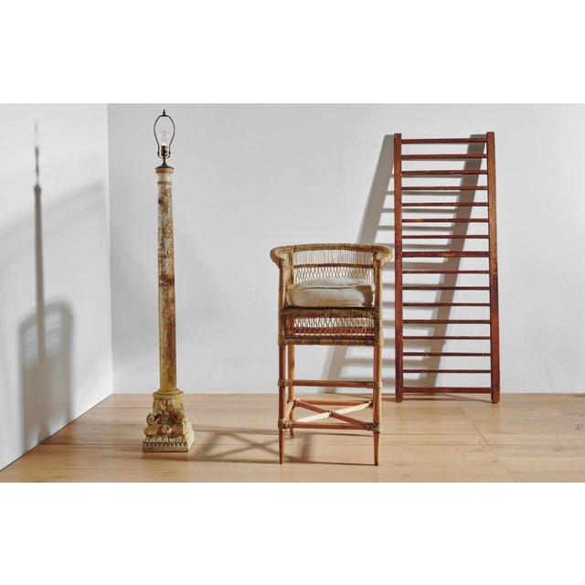 2020s Handwoven Malawi Cane Bar Stool in Traditional Weave With White Linen Cushion For Sale - Image 5 of 7