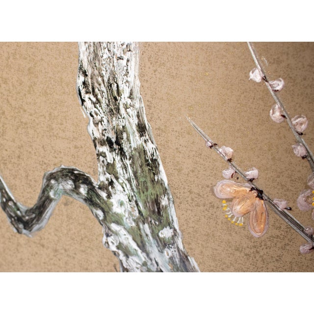 Tan Showa Era C. 1970s Japanese Maki-E Byobu Screen "Blossoming Sakura and Asters" For Sale - Image 8 of 18