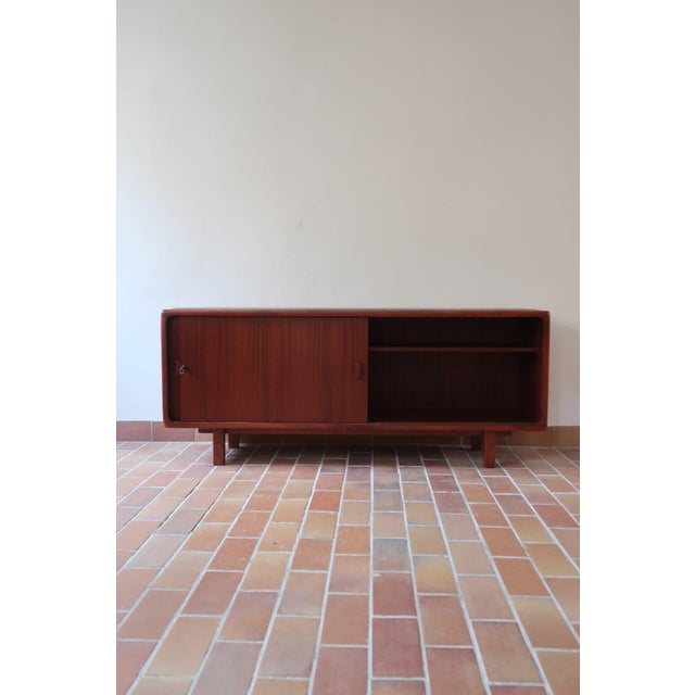 Teak Sideboard with Sliding Doors and Black Vinyl Top, 1970s For Sale - Image 4 of 18