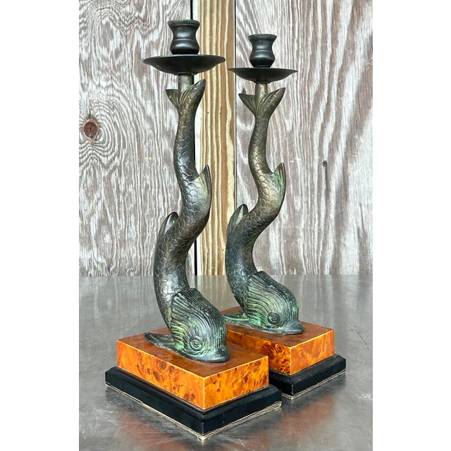 Vintage Regency Patinated Metal Koi Fish Candlesticks - a Pair | Chairish