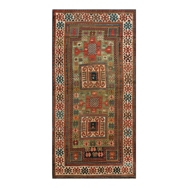 1880s Green Medallion Tribal Antique Caucasian Karachopf Kazak Rug 4' X 7'8" Hand Knotted Wool Carpet For Sale