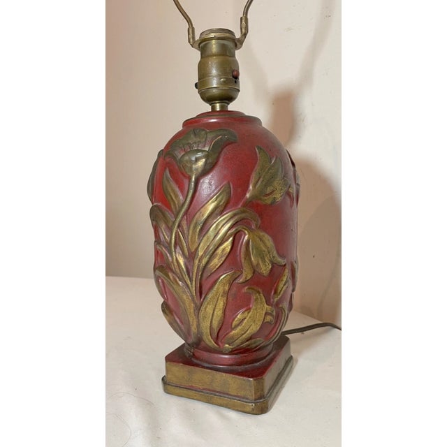 Metal Antique Heavy Bronze Clad Polychromed Red Flower Relief Electric Table Lamp For Sale - Image 7 of 11