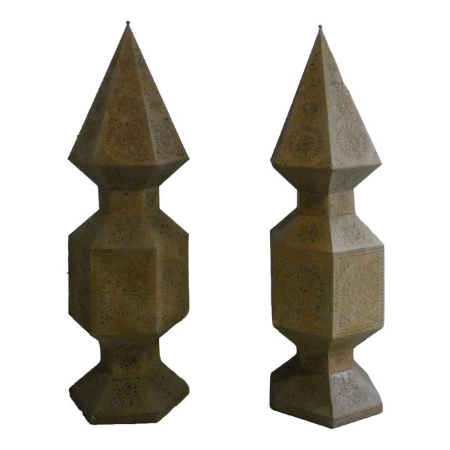Large Moroccan Perforated Metal Tower Lamps, 1980s, Set of 2 For Sale