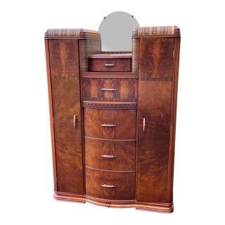 1930s Art Deco Walnut Waterfall Double Chifferobe Armoire - Tri-Bond For Sale