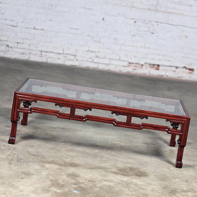 Asian Late 20th Century Ming Style Rosewood Coffee Table With Rectangular Glass Inset Top Made in China For Sale - Image 3 of 12