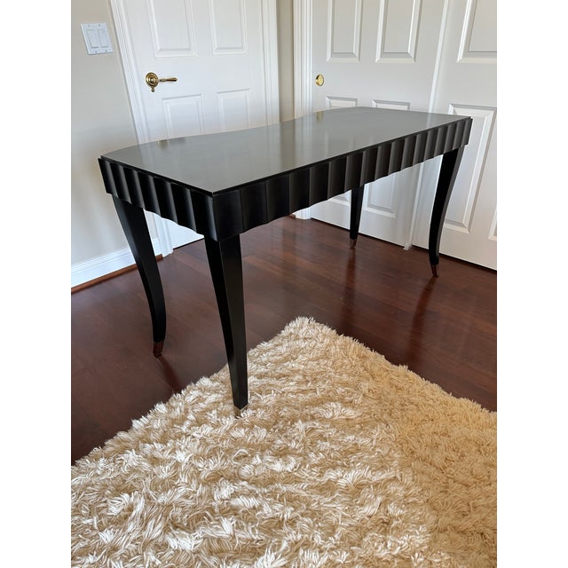 Gorgeous Modernist Art Deco Writing Desk in Black Lacquer, by Barbara Barry for Baker Furniture. Measuring 54”w x 24”d x...