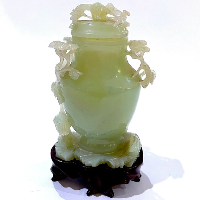 Vintage Carved Chinese Celadon Green Jade Lidded Jar/Vase - Custom Base - Presentation Box For Sale - Image 9 of 12