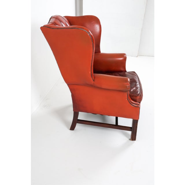 1970s Scandinavian Mid Century Chippendale-Style Cognac Leather Wingback Chair For Sale - Image 9 of 10