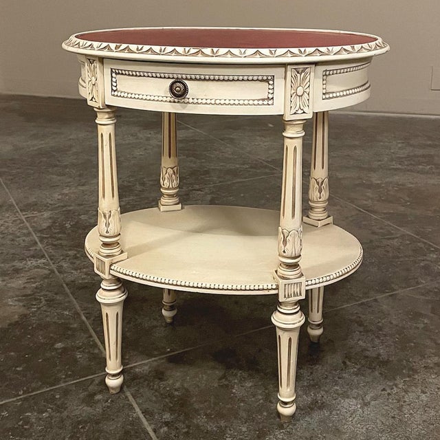 French Antique French Louis XVI Painted Oval Side Table With Leather Top For Sale - Image 3 of 17