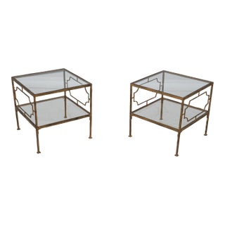 Pair Modern Design Gold Finish Glass Top End Tables For Sale