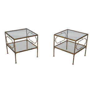Pair Modern Design Gold Finish Glass Top End Tables