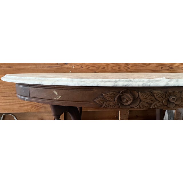 Mid 20th Century French Provincial Style Oval Marble-Top Center Table | Italian Marble | Carved Rose Garland Apron | Lyre Base For Sale - Image 12 of 14