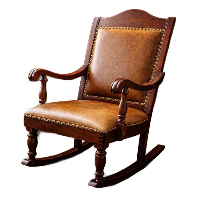 Antique Late-19th Century Upholstered Platform Rocking Chair — Traditional Hardwood Frame, Turned Legs For Sale