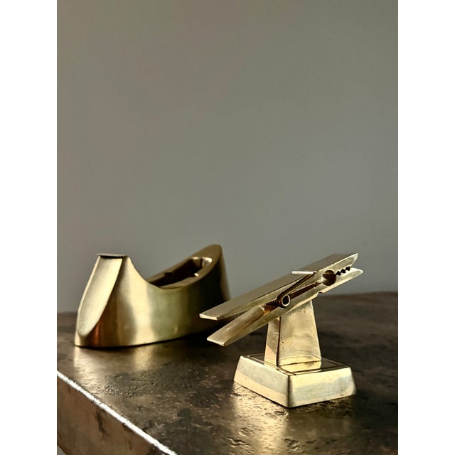 Curtis Jere Cast Brass Tape Dispenser + Brass Clothespin Card Holder, Set of 2 For Sale - Image 4 of 17