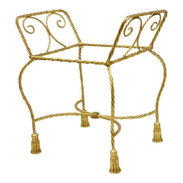 Italian Hollywood Regency Gold Gilt Iron Rope Tassel Form Vanity Bench Chair For Sale