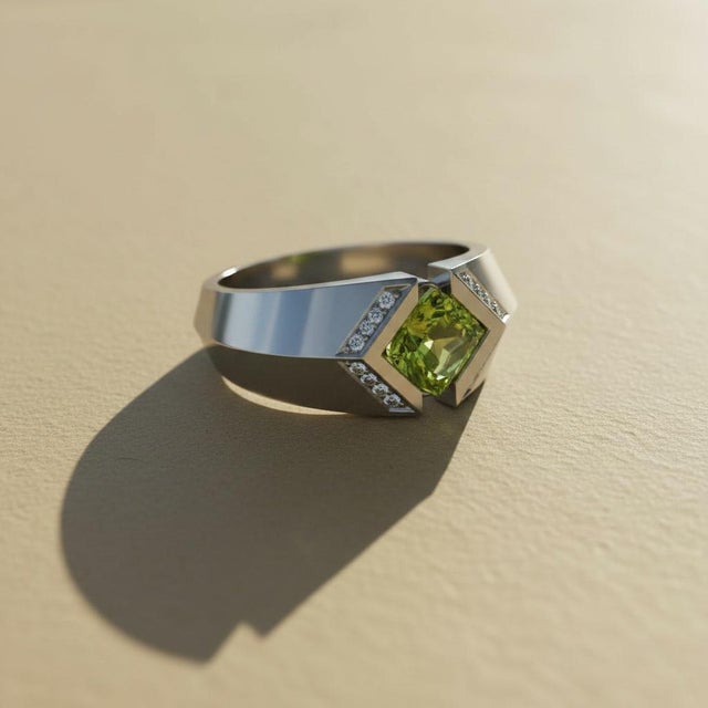 Square-Cut Peridot Architectural Silver Cocktail Ring, Size 7.5 For Sale - Image 4 of 7