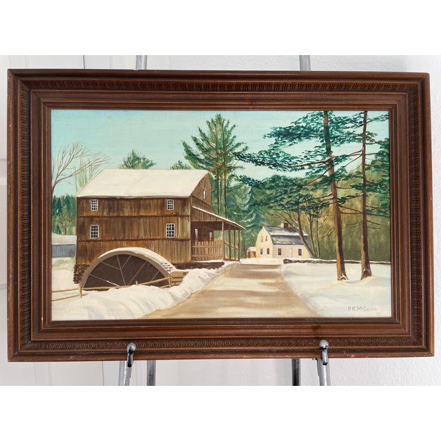 Cabin 1977 Original Winter Landscape Painting "Old Sturbridge Village" For Sale - Image 3 of 12