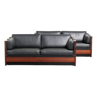 Art Deco Black Cowhide Leather and Wood 3-Seater Sofas from Schuitema, Set of 2 For Sale