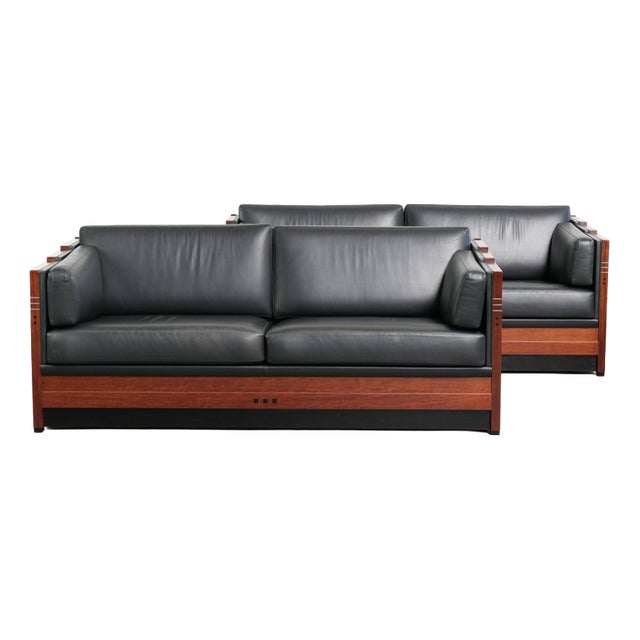 Art Deco Black Cowhide Leather and Wood 3-Seater Sofas from Schuitema, Set of 2 For Sale