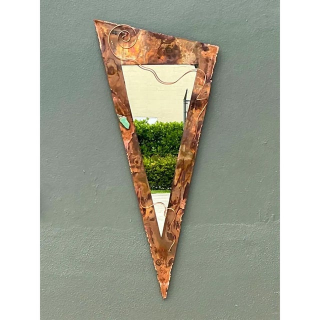 Metal Vintage Post Modern Copper Triangle Wall Mirror For Sale - Image 7 of 12