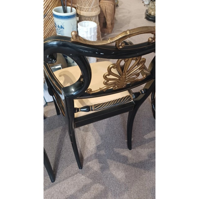 Black Vintage Pair of Regency Style Ebonized Painted Arm Chairs For Sale - Image 8 of 10