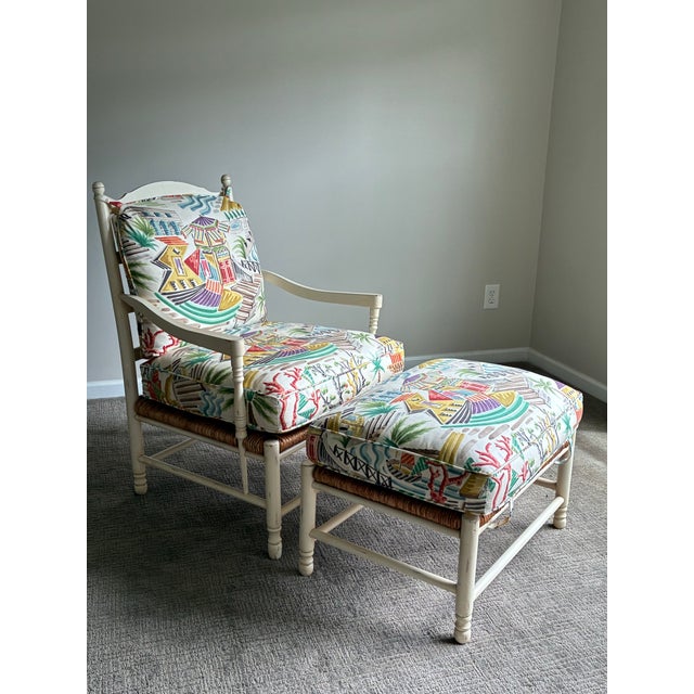 Vintage Coastal Palm Beach Lounge Chair & Ottoman in Custom Tropical Upholstery For Sale In Charlotte - Image 6 of 6