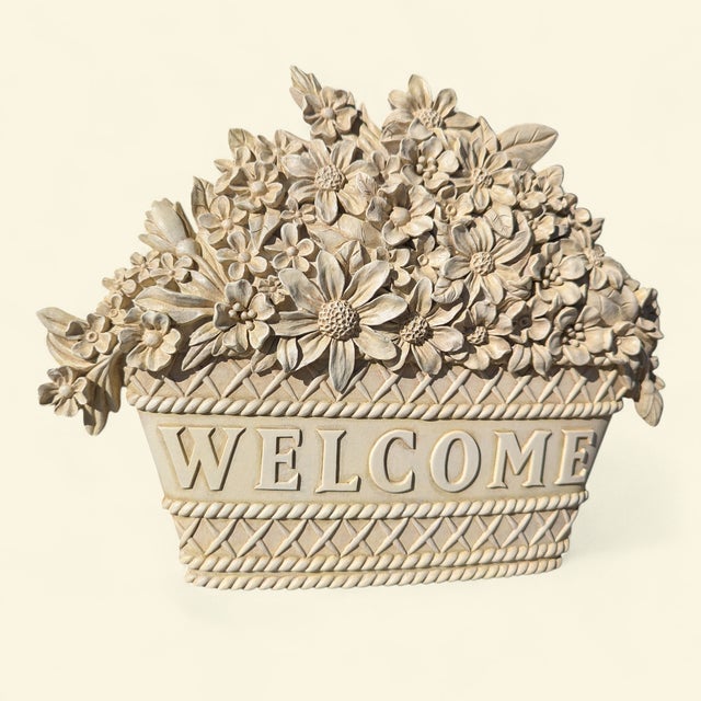 Cream Basket of Flowers Plaster Welcome Plaque For Sale - Image 8 of 13
