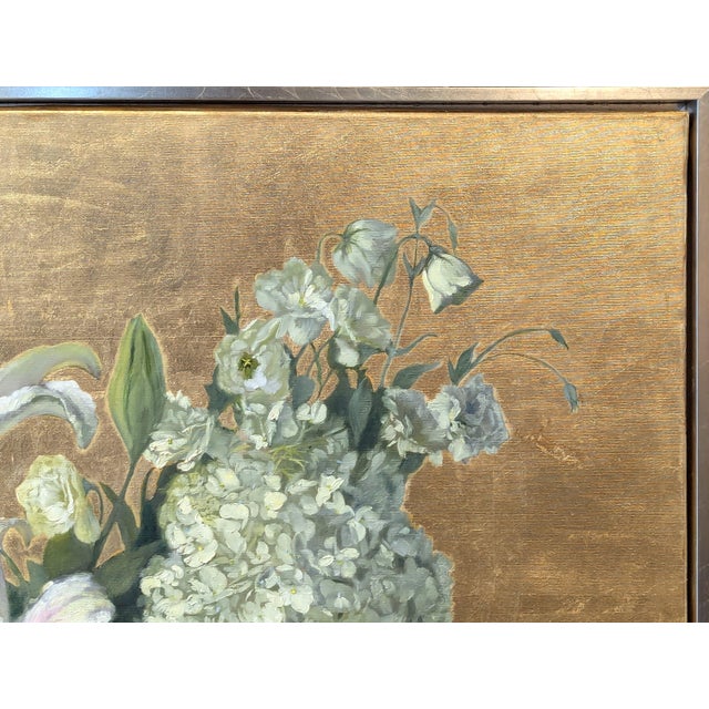 Textile Nancy Paris Pruden "Golden Wedding" Contemporary Gold Leaf Naturalistic Floral Still Life Painting, 2020s For Sale - Image 7 of 12