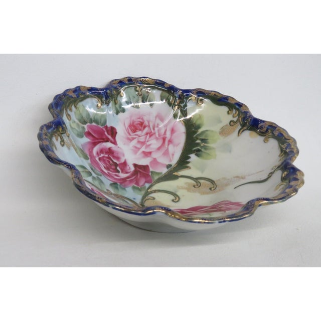 Nippon Porcelain Bowl Made in Japan Hand Painted Roses With Blue Gold Trim 4984b For Sale In Miami - Image 6 of 11