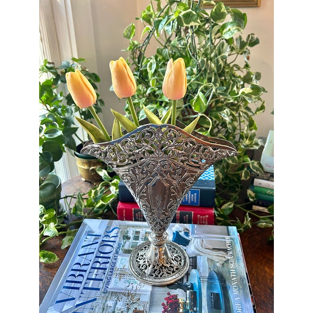 Victorian 1991 Godinger Silver Plate Victorian Style Filigree Fan Vase For Sale - Image 3 of 10