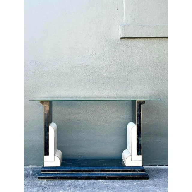 Vintage Boho Tessellated Stone and Brass Inlay Console Table For Sale - Image 9 of 10
