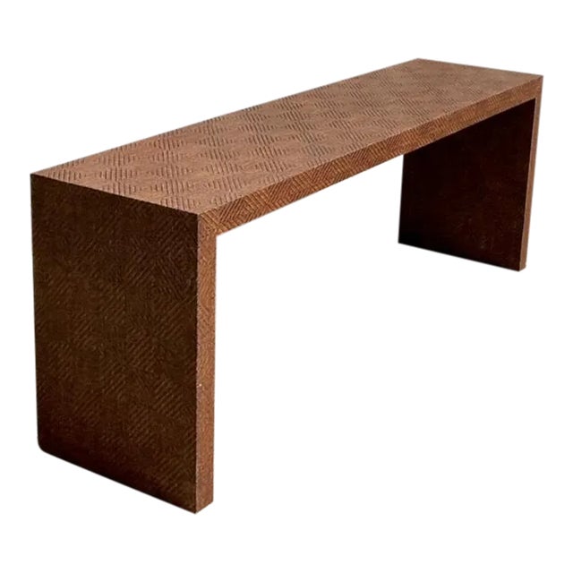 Vintage Coastal Chevron Woven Rattan Console Table For Sale