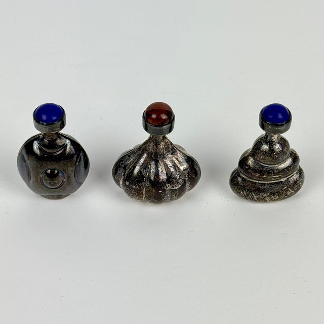 Mexican Set of 3 Vintage Modernist Taxco Hand Hammered Sterling Perfume/Snuff Bottles With Gems For Sale - Image 3 of 11