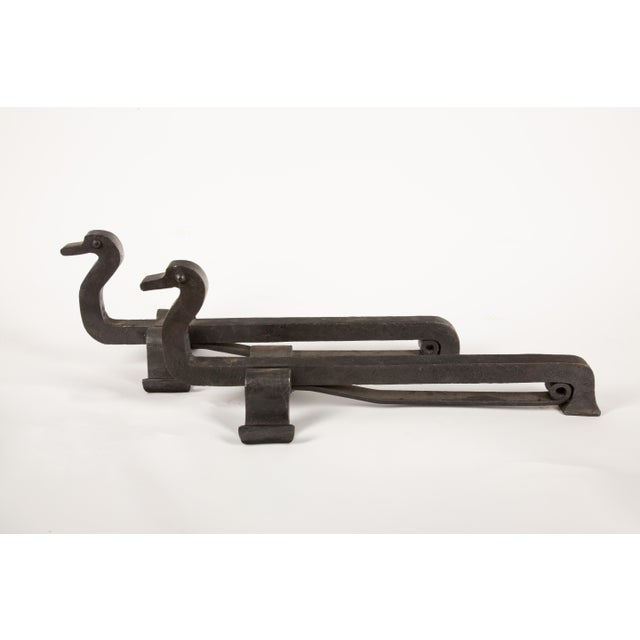Cabin Pair of Mid 20th Century French Duck-Shaped Andirons in Hand-Forged Iron For Sale - Image 3 of 5