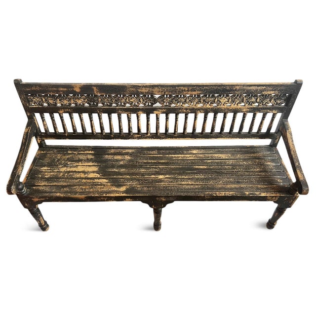 Vintage colonial India solid teak wood bench with rustic crackle black finish. Each may have varying aged patina and other...