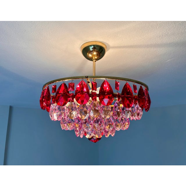 1970s Vintage French Style Crystal Chandelier – Hand-Painted Pink & Ruby Red Prisms For Sale - Image 5 of 18