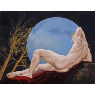 Reclining Man by John Tarantola | Oil on panel of a nude man reclining against a moonlit background For Sale