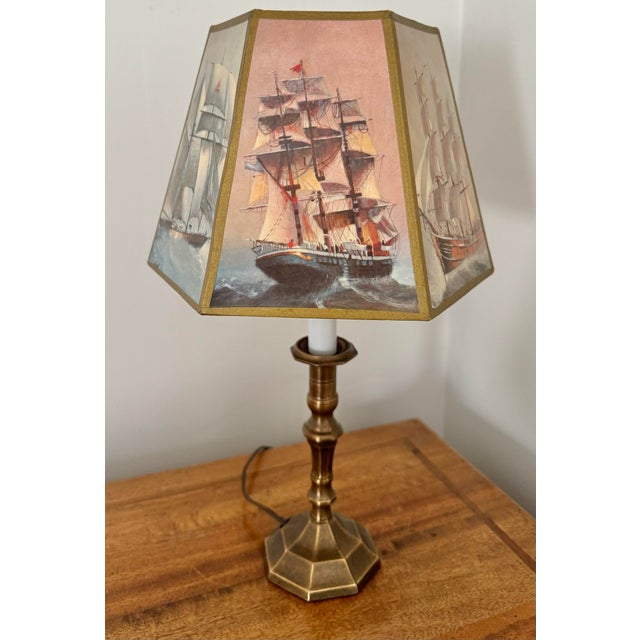 English Vintage Brass Lamp With Nautical Lamp Shade For Sale - Image 3 of 7