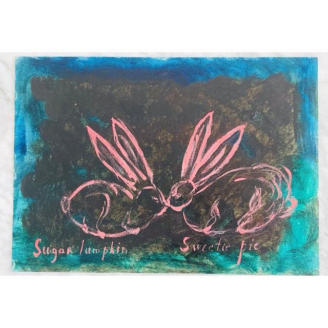 Abstract painting Moon Bunnies 3 mixed media - oil, acrylic and crayon on canvas by Elia.