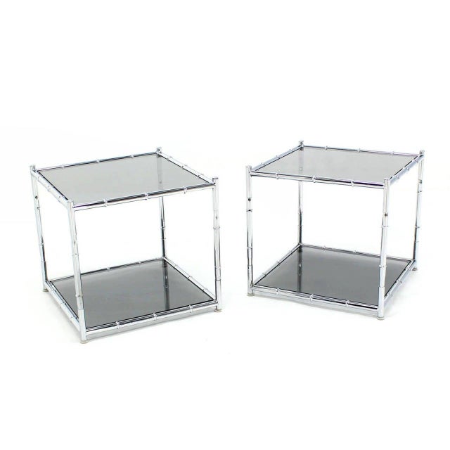 Cube Shape Chrome Faux Bamboo Frame End Tables Smoked Glass Top - A Pair For Sale - Image 9 of 9